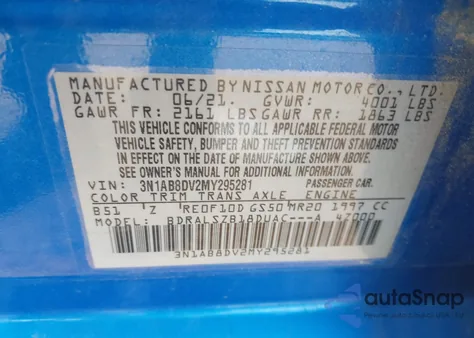 2021 Nissan Sentra Sr Xtronic Cvt из США, поврежденный, VIN 3N1AB8DV2MY295281